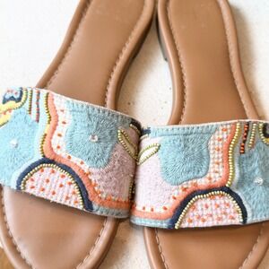 Haute Hippie Embroidered Beaded Slide Sandals Womens 8.5 Tan Boho Flat